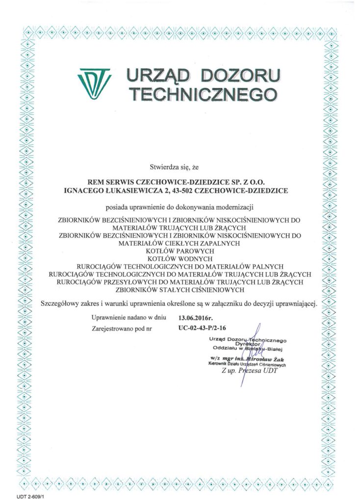 Modernizacja urządzeń podlegających UDT CzDz